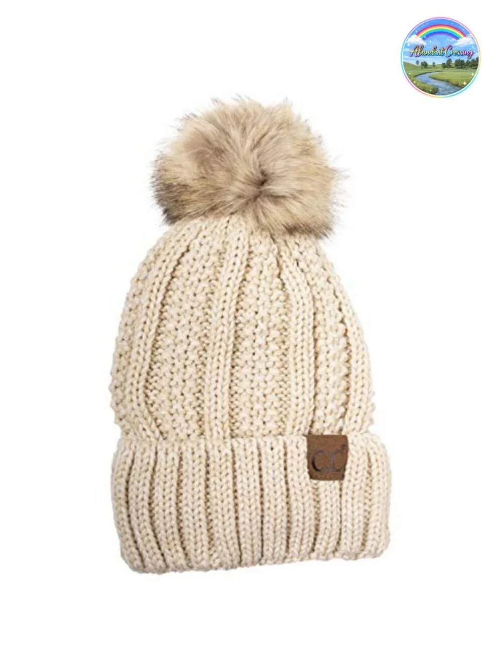 Thick Cable Knit Faux Fur Pom Fleece Lined Skull Cap Beanie